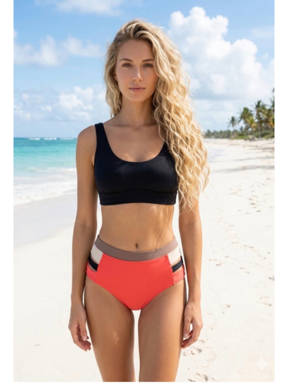 Women's Prana High Waisted Bikini Size Small Black Red Colorblock Baja Bound